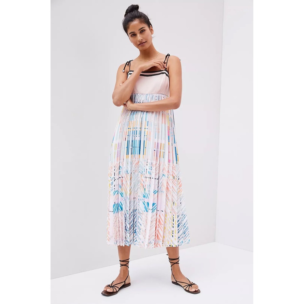 Anthropologie‎ Geisha Designs Pleated Skirt Geometric Pink Sleeveless Midi Dress